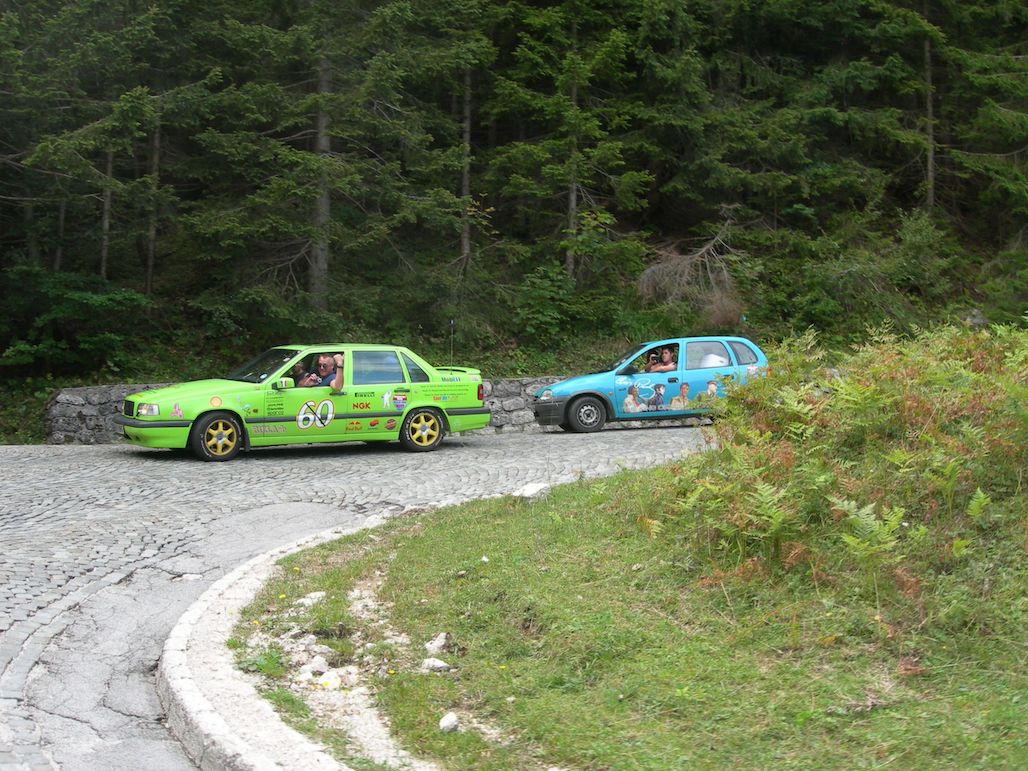 Two Motoscape rally teams on the cobbles of the Vršič Pass