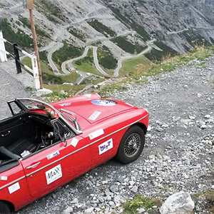 An MGB at the Stelvio Pass on day 4 of our classic car rally